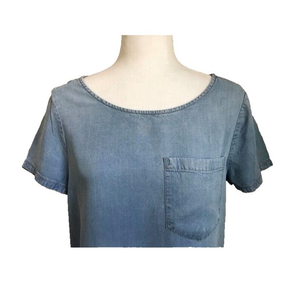 EXPRESS Short Sleeve Hi Lo Tunic Top Blouse Size Small Blue Lyocell Chambray - Picture 2 of 6